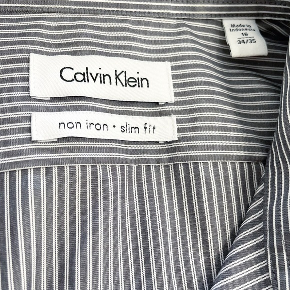 Calvin Klein Non Iron Slim Fit Striped Button Down Shirt Men 16 34/35 Gray White - Picture 3 of 6